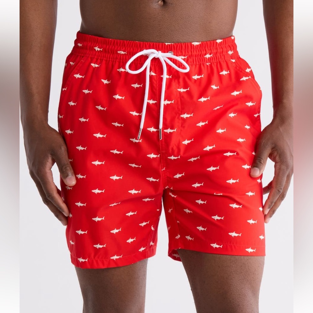 Red Shark Print Swim Shorts